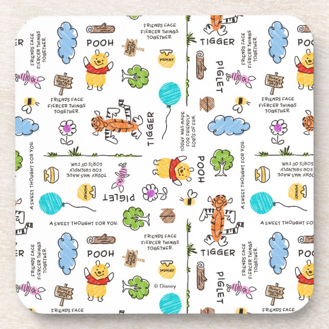 Winnie the Pooh | Friends Doodle Sketch Pattern Beverage Coaster (Front)