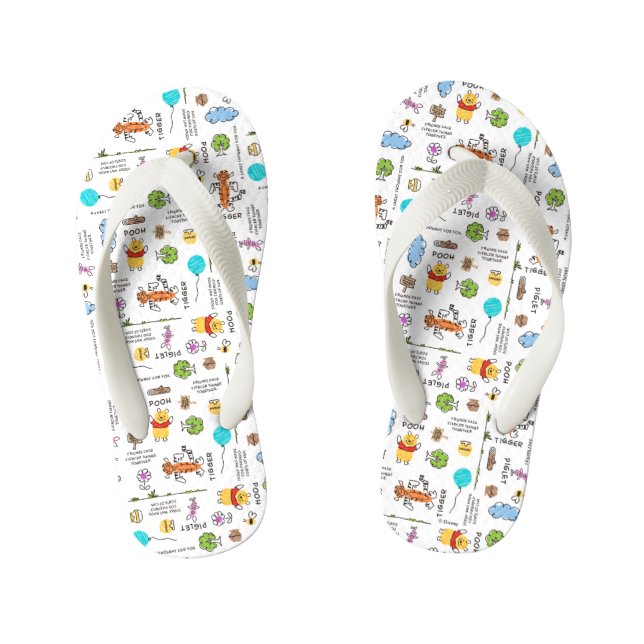 Winnie the Pooh | Friends Doodle Sketch Pattern Kid's Flip Flops (Footbed)