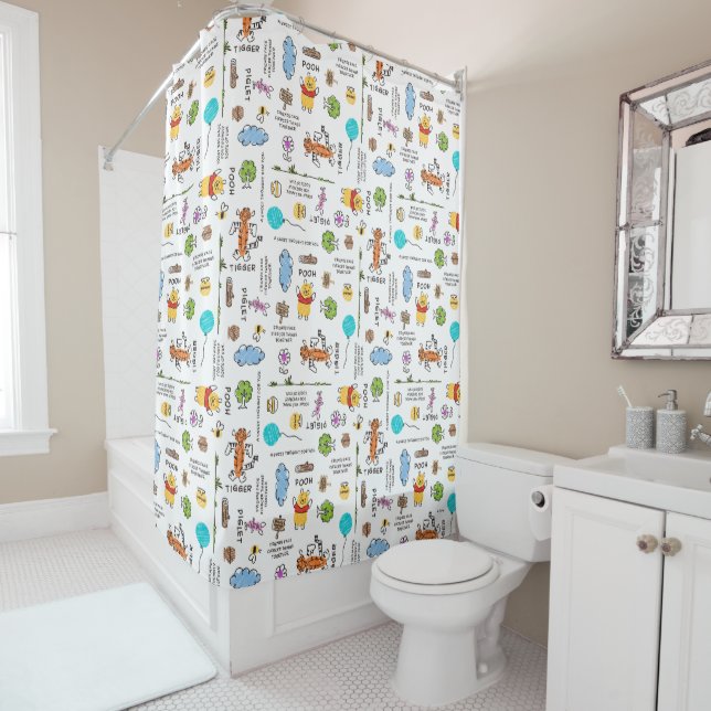 Winnie the Pooh | Friends Doodle Sketch Pattern Shower Curtain (In Situ)