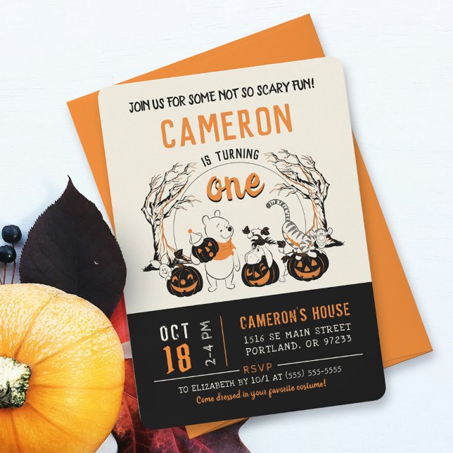 Winnie the Pooh Halloween Birthday Invitation (Invitation on table)