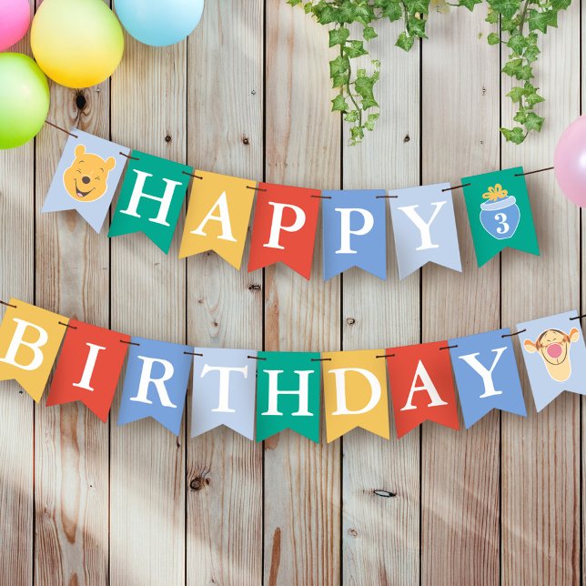 Winnie the Pooh | Happy Birthday Bunting Flags (Bunting Flags on fence)