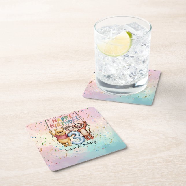 Winnie the Pooh | Happy Birthday Square Paper Coaster (Insitu)