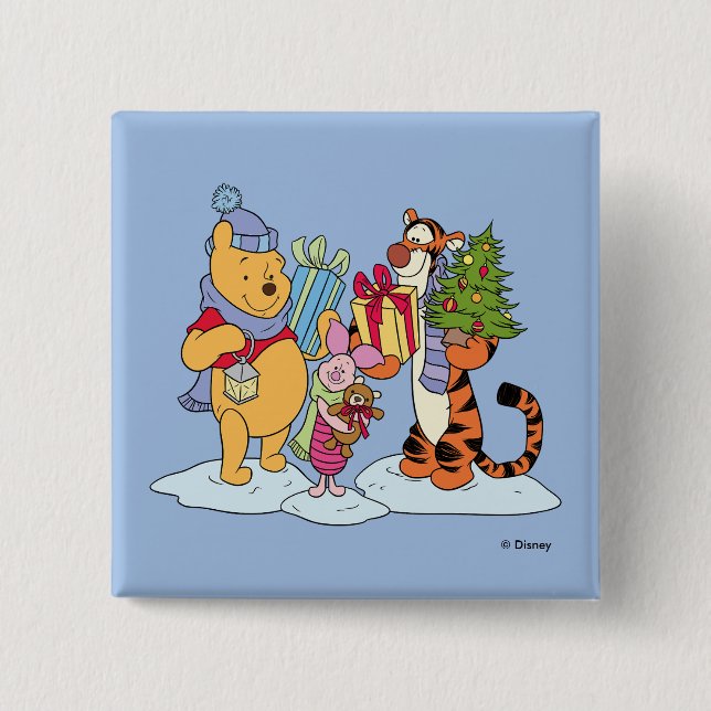 Winnie the Pooh | Happy Holidays Gift Giving Button (Front)