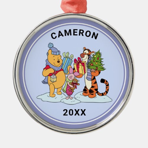 Winnie the Pooh  Happy Holidays Gift Giving Metal Ornament