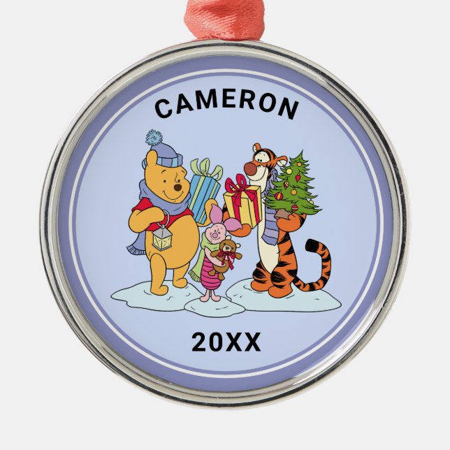 Winnie the Pooh | Happy Holidays Gift Giving Metal Ornament (Front)