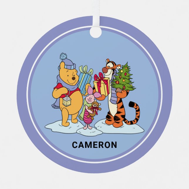 Winnie the Pooh | Happy Holidays Gift Giving Metal Ornament (Front)
