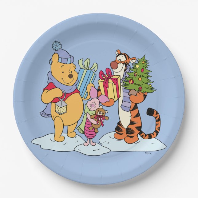 Winnie the Pooh | Happy Holidays Gift Giving Paper Plates (Front)