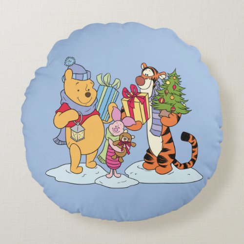 Winnie the Pooh  Happy Holidays Gift Giving Round Pillow