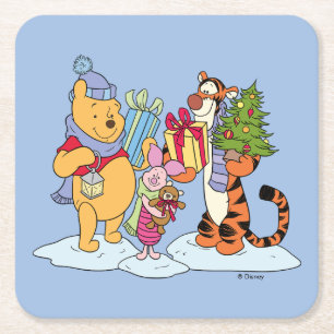Winnie the Pooh Happy Holidays Gift Giving Square Paper Coaster