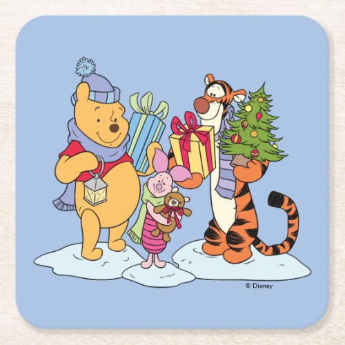 Winnie the Pooh  Happy Holidays Gift Giving Square Paper Coaster