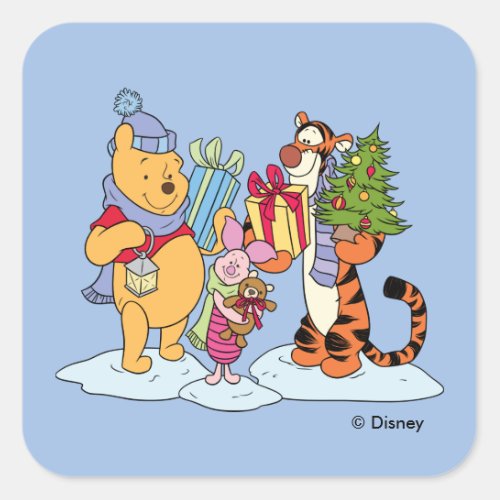 Winnie the Pooh  Happy Holidays Gift Giving Square Sticker