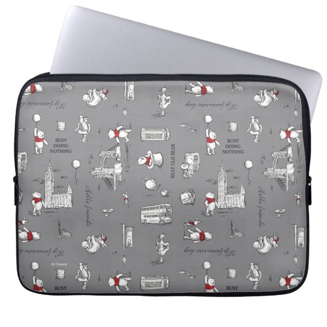 Winnie the Pooh | Hello Friends Gray Pattern Laptop Sleeve (Front)