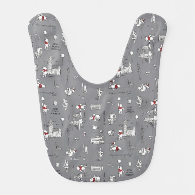 Winnie the Pooh | Hello Friends Grey Pattern Baby Bib (Front)