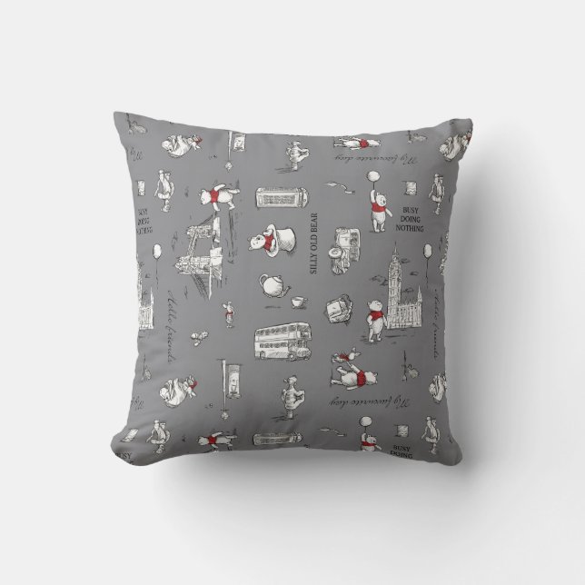 Winnie the Pooh | Hello Friends Grey Pattern Throw Pillow (Front)