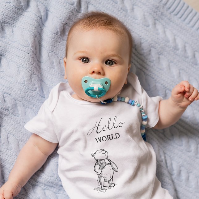 Winnie the Pooh | Hello World Quote Baby Bodysuit (Onesie on baby)