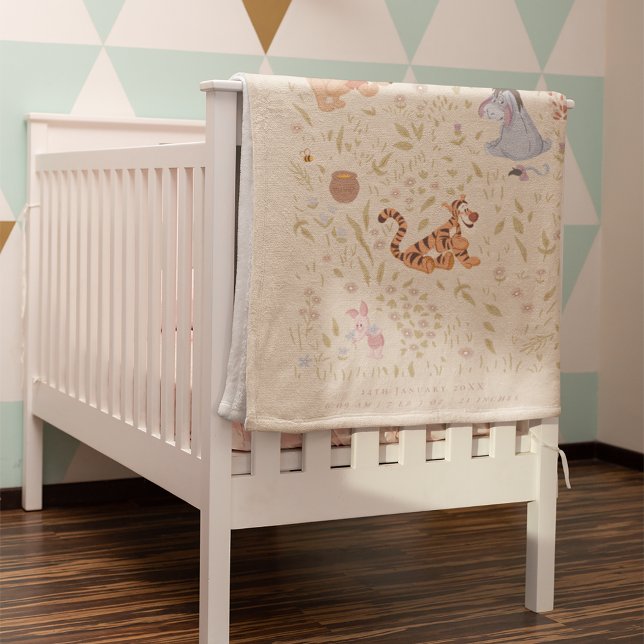 Winnie the Pooh Hundred Acre Wood Birth Stats Fleece Blanket (Blanket on crib)