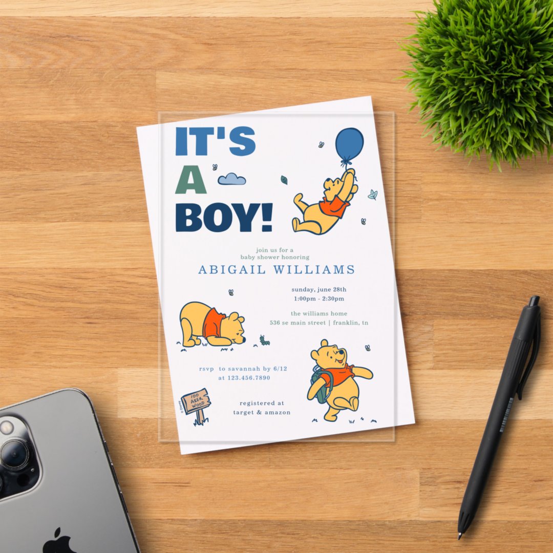 Winnie the Pooh | It's a Boy Baby Shower Acrylic Invitations (Insitu (Invitation Card))