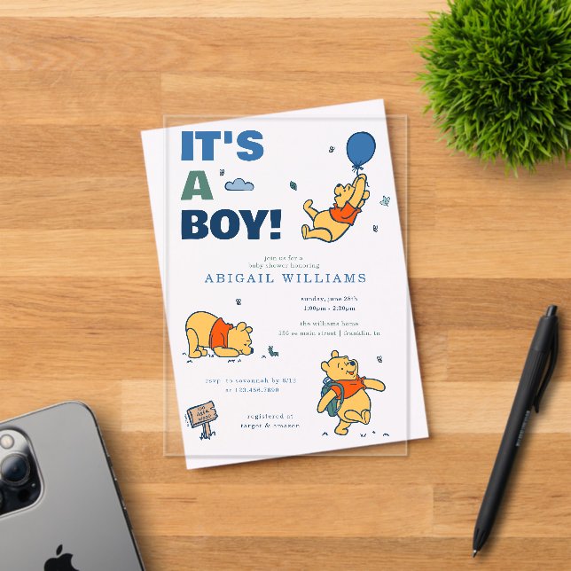 Winnie the Pooh | It's a Boy Baby Shower Acrylic Invitations (Insitu (Invitation Card))