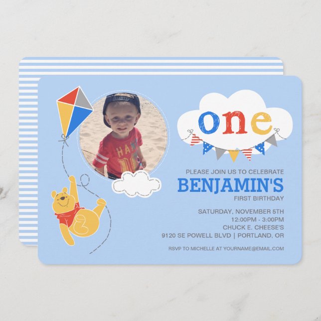 Winnie the Pooh Kite | Baby Boy Photo 1st Birthday Invitation (Front/Back)