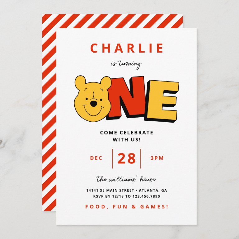 Winnie the Pooh - One | First Birthday                    Invitation