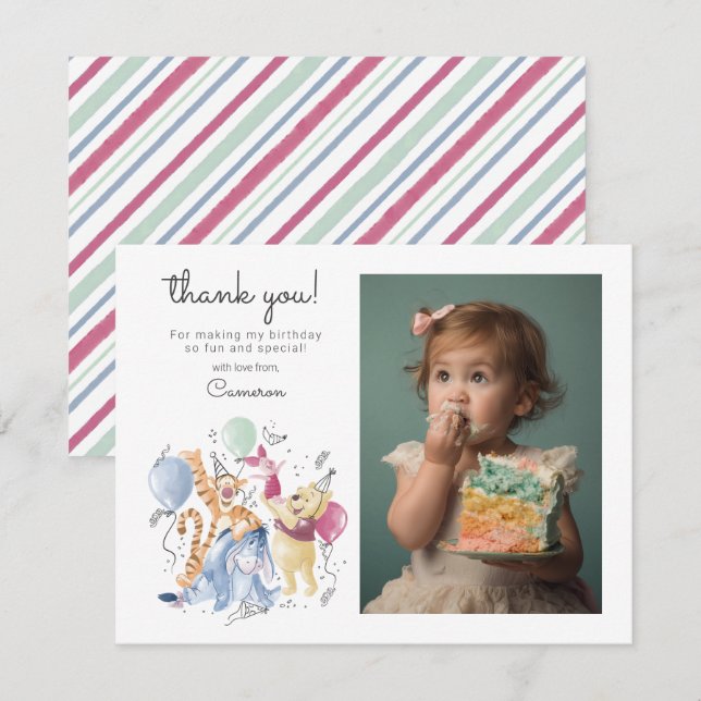 Winnie the Pooh & Pals - Balloons First Birthday Thank You Card (Front/Back)