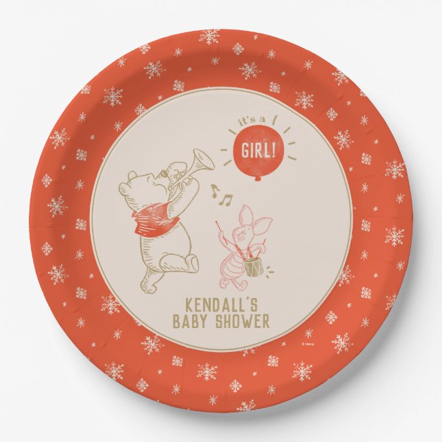 Winnie the Pooh & Piglet Winter | Girl Baby Shower Paper Plates (Front)