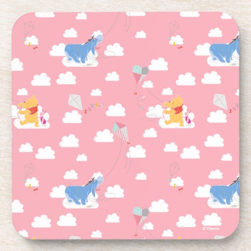 Winnie the Pooh  Pink Flying Kite Days Pattern Beverage Coaster