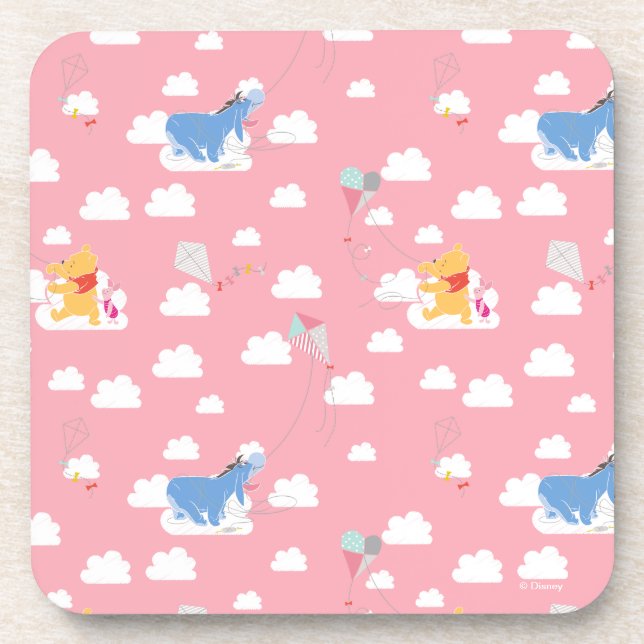 Winnie the Pooh | Pink Flying Kite Days Pattern Beverage Coaster (Front)