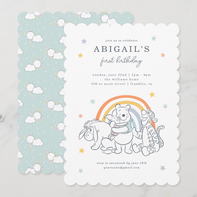 Winnie the Pooh Rainbow & Stars Birthday Invitation (Front/Back)