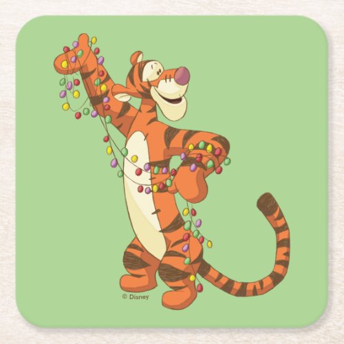 Winnie the Pooh  Tigger Christmas Lights Square Paper Coaster