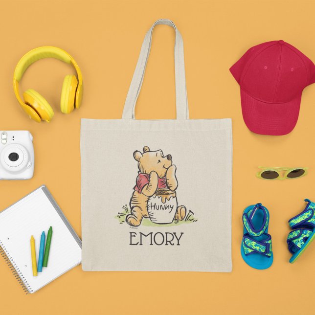 Winnie the Pooh Watercolor Birthday Favor Tote Bag (Tote bag with accessories laid out)