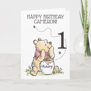 Winnie the Pooh Watercolor   First Birthday Card