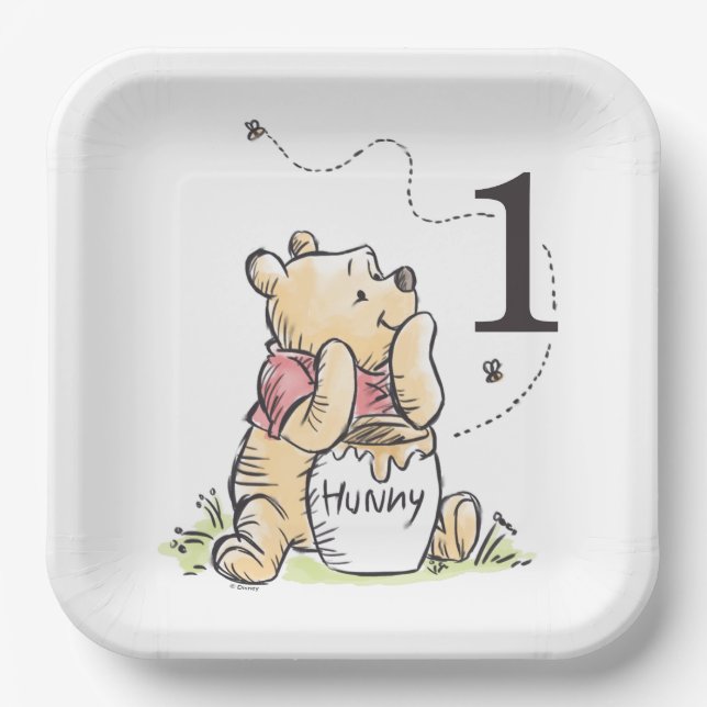Winnie the Pooh Watercolor First Birthday Paper Plates (Front)