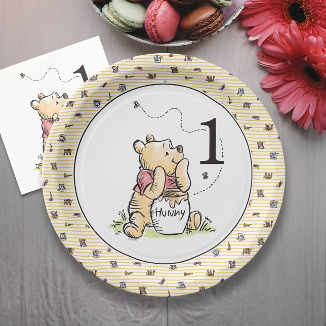 Winnie the Pooh Watercolor First Birthday Paper Plates (Plate on table)