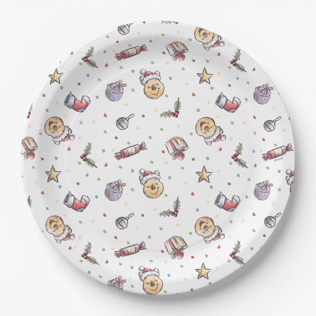 Winnie the Pooh Watercolor Holiday Pattern Paper Plates (Front)