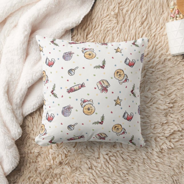 Winnie the Pooh Watercolor Holiday Pattern Throw Pillow (Blanket)