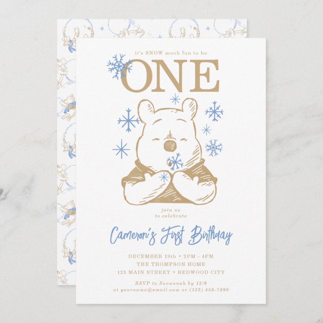 Winnie the Pooh | Winter Snowflake First Birthday Invitation (Front/Back)