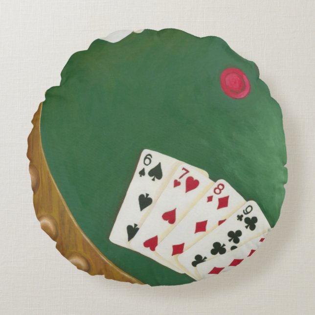 Winning Poker Hand Six Through Ten Round Pillow (Front)