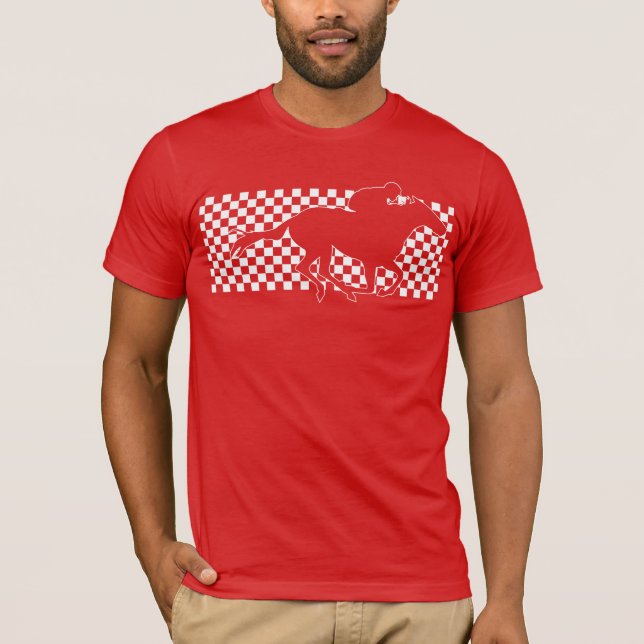 Winning Race Horse on Checkerboard White on Red T-Shirt (Front)