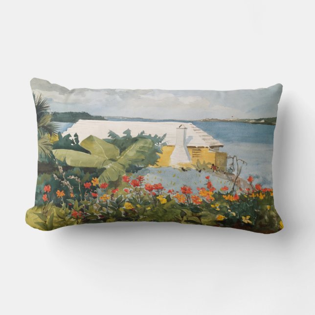 Winslow Homer Flower Garden and Bungalow Bermuda Lumbar Pillow (Front)