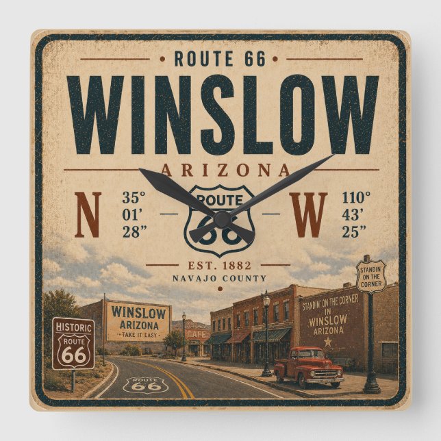 Winslow Vintage Americana Road Trip Square Wall Clock (Front)