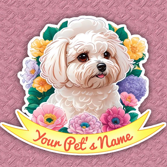 Winsome Bichon Frisé, yellow, pink & purple flower Sticker (Creator Uploaded)