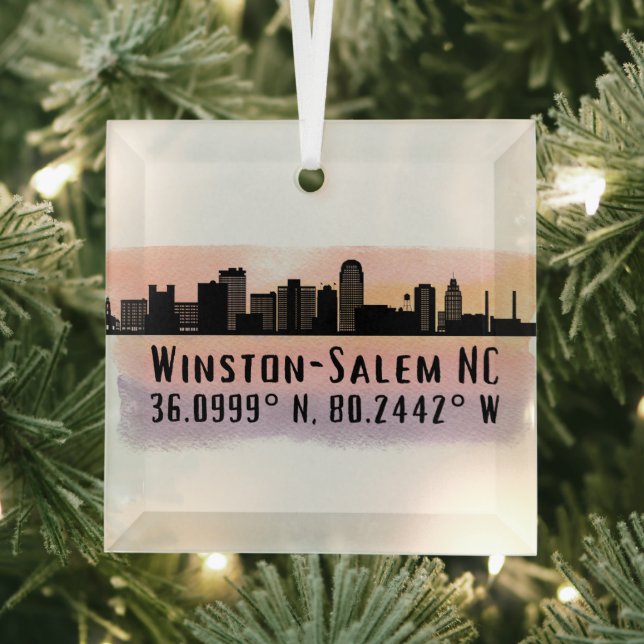 Winston-Salem City Skyline Latitude and Longitude Glass Ornament (Insitu)
