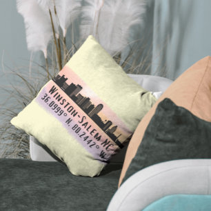 Winston-Salem City Skyline Latitude and Longitude Throw Pillow