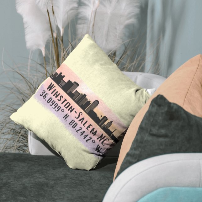 Winston-Salem City Skyline Latitude and Longitude  Throw Pillow (Creator Uploaded)