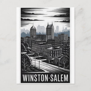 Winston-Salem NC Skyline Black White Woodcut Holiday Postcard
