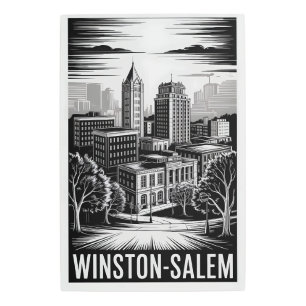 Winston-Salem NC Skyline Black White Woodcut Metal Print