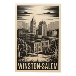 Winston-Salem NC Skyline Black White Woodcut Wood Wall Art