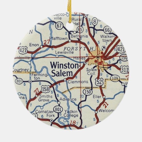 Winston_Salem NC Vintage Map Ceramic Ornament