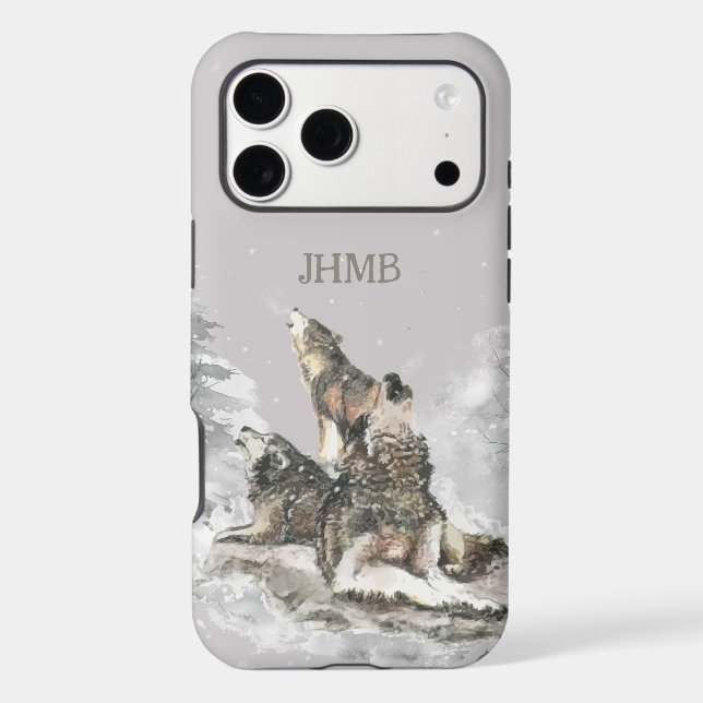 Winter 3 Wolves Howling Animal Art Custom Initials iPhone Case (Back)